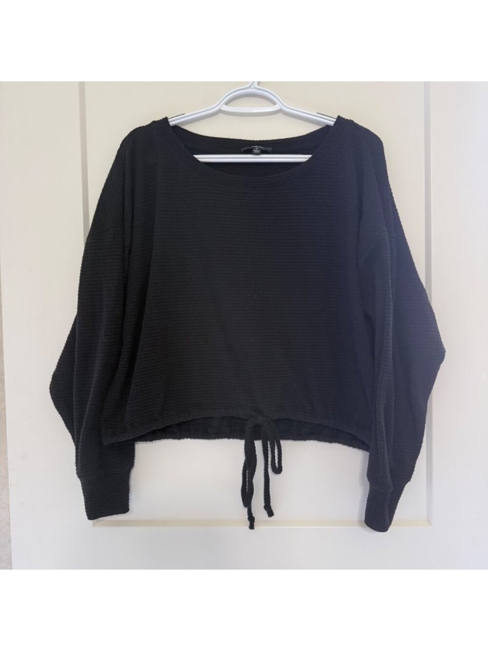Lulus Womens Relaxing Retreat Black Waffle Knit Long Sleeve Crop Top Medium